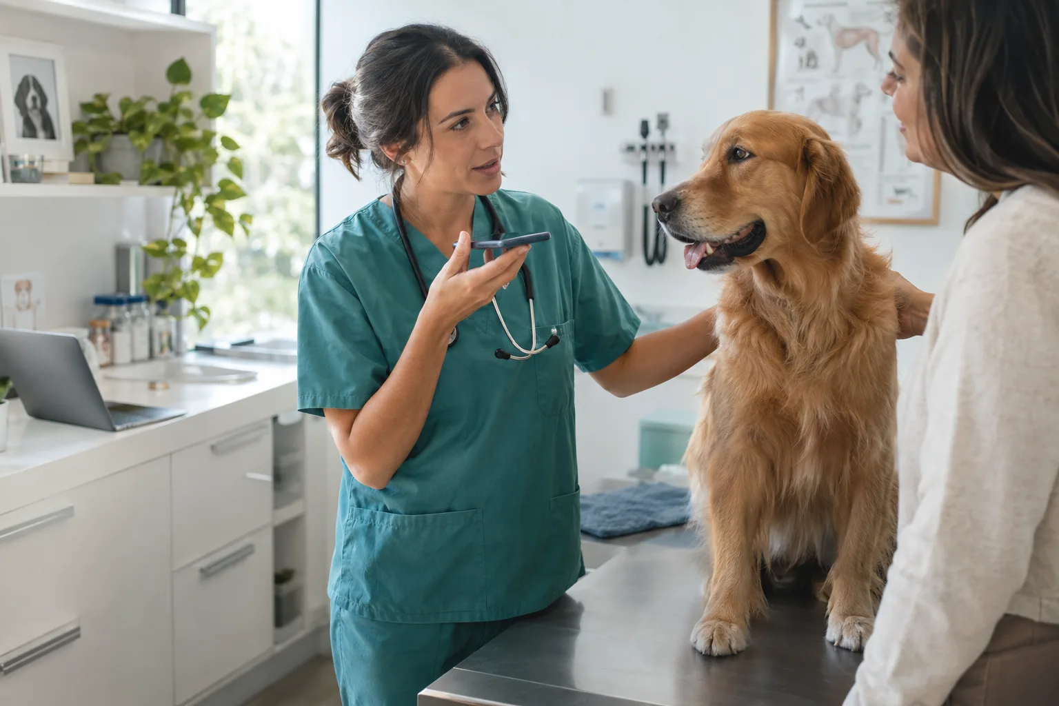 Ilustração de veterinária registrando áudio durante consulta com um cão e sua tutora