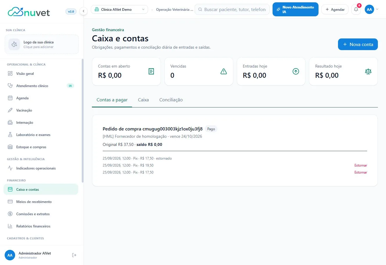 Tela real NUVET: Financeiro