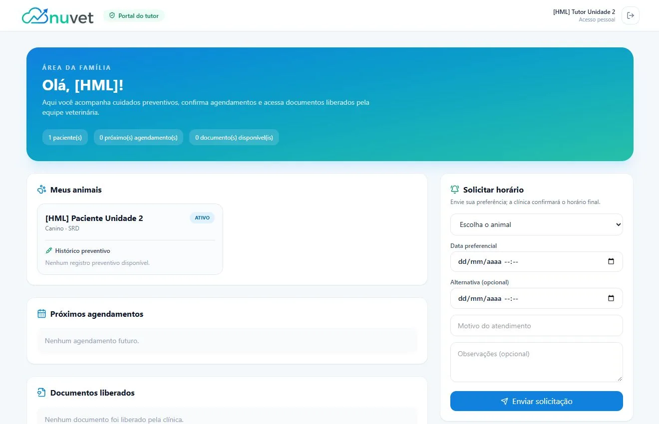 Tela real NUVET: Portal do tutor