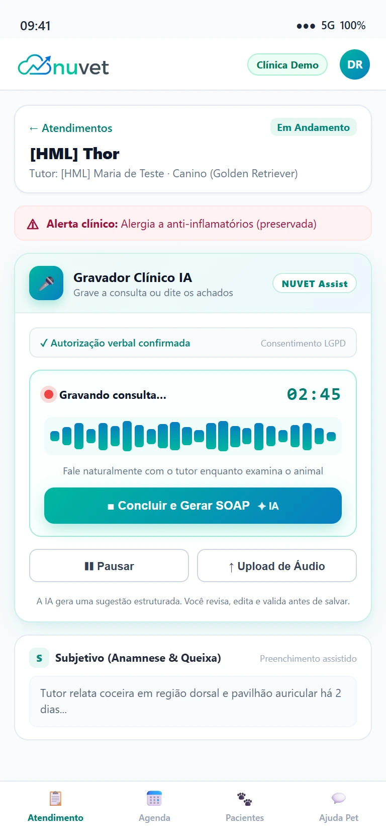 Tela real NUVET: Gravador Clínico IA no celular